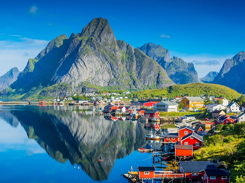 Perfect reflection of the Reine village on the water of the fjord in the Lofoten Islands, Norway