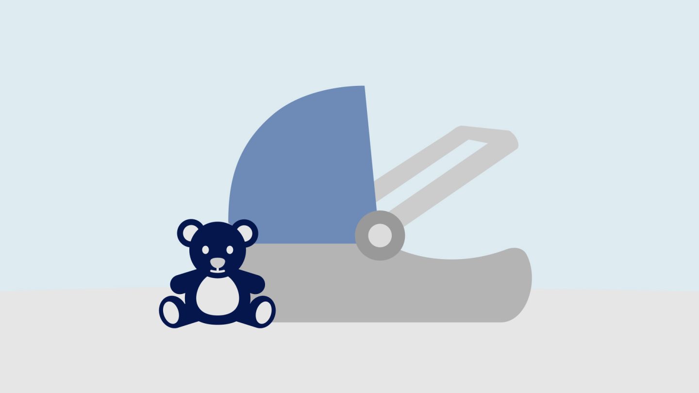 A teddy bear next to a baby carriage, symbolizing comfort and nurturing for infants and young children.