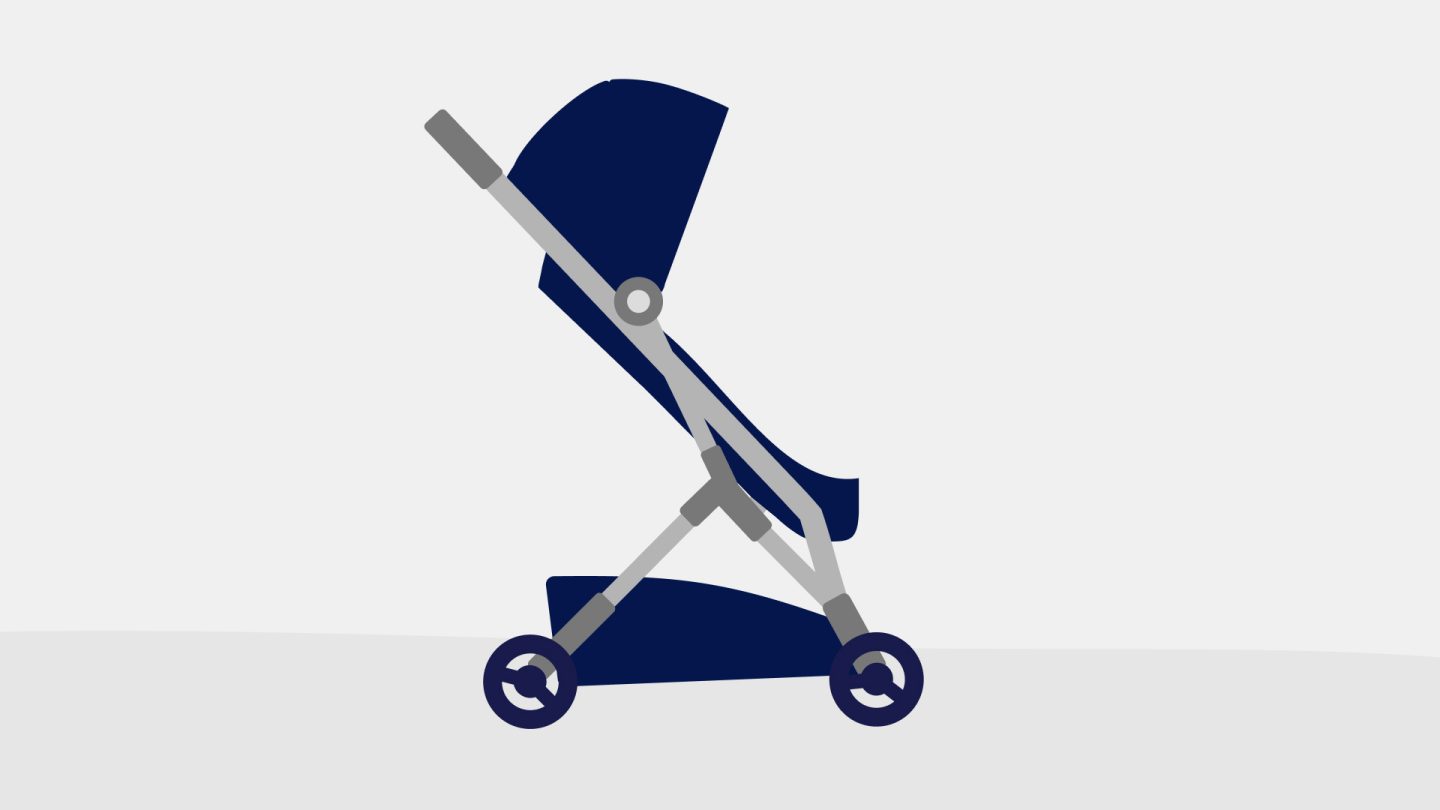 Blue foldable stroller with wheels and a matching blue umbrella, designed for children.