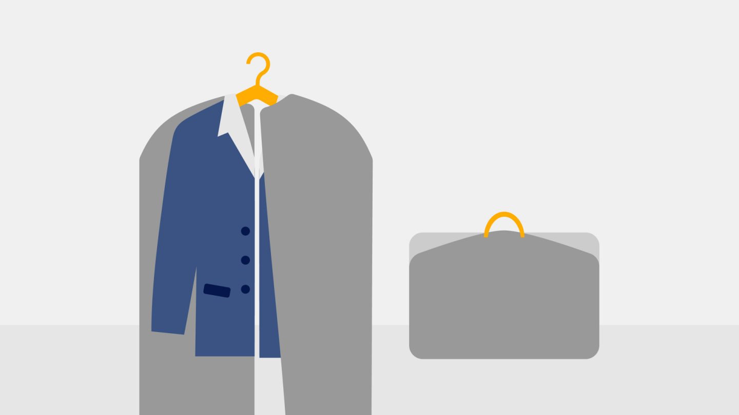Illustration of a suit neatly hanging on a hanger, showcasing a folding garment bag in the background.